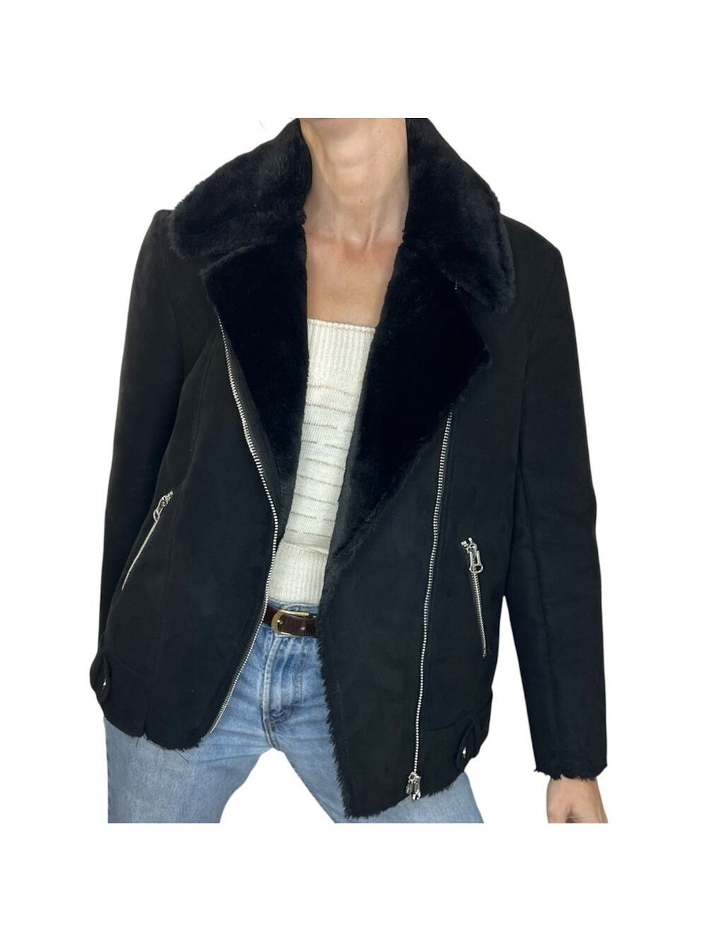 Black faux suede fur moto bomber jacket 6